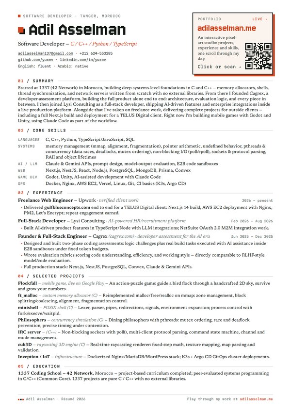 Preview of Adil Asselman&rsquo;s one-page r&eacute;sum&eacute;